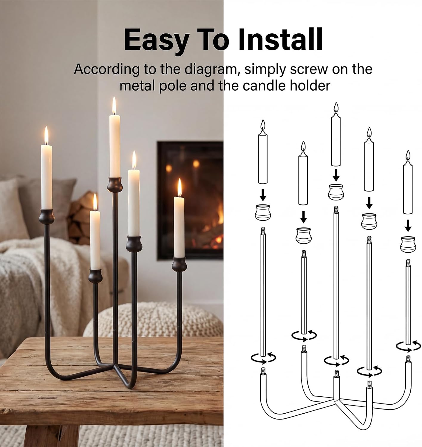 5-Candle Candelabra Candlestick Holder, 16 Inch Antique Candle Holder, Black Tabletop Candles Stand for Wedding, Event, Christmas & Dining, Table Centerpiece Décor
