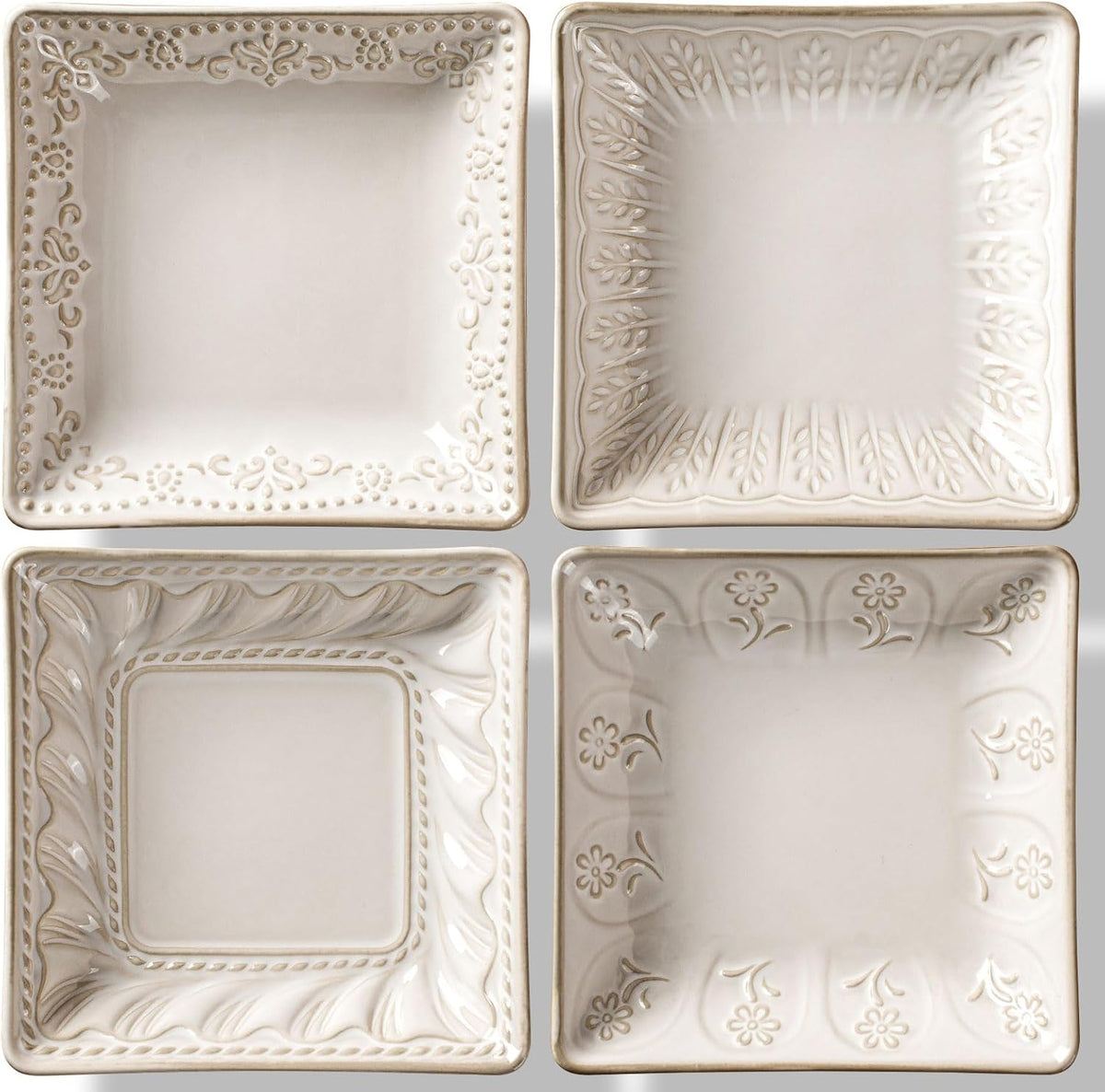 Artena Ceramic Square Dessert Plates Set of 4, 6 Inch Embossed Appetizer Plat...