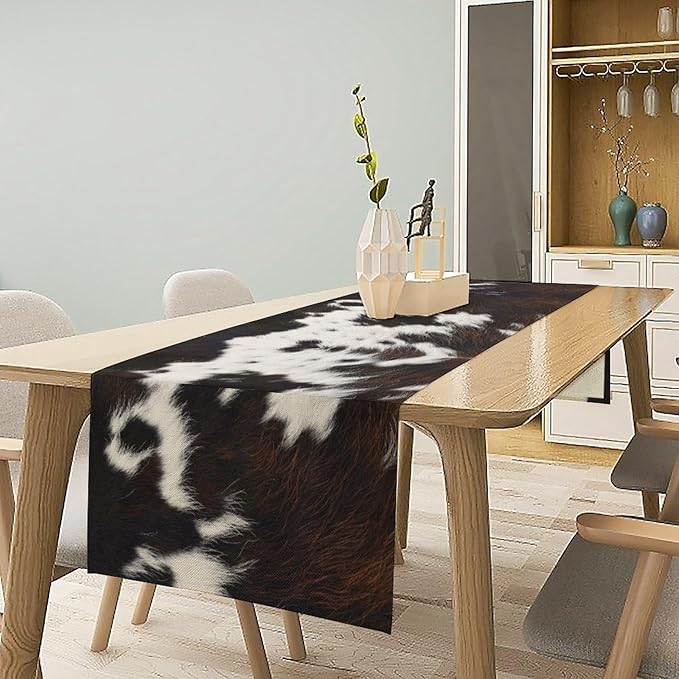 Cow Print Table Runner, Brown Cowhide Print Western Style Table Runner Country Farmhouse Cottage Cow Patten Table Decoration for Home Kitchen Dining, 13x36 Inch