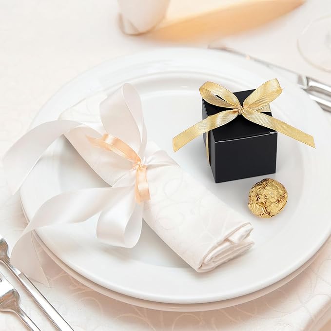 EUSOAR Favor Boxes, 60pcs 2x2x2 Inches Black Boxes Small Candy Box with Gold Ribbons, Mini Paper Cube Soap Box Chocolate Truffles Storage Macaron Container for Wedding Birthday Party DIY Favors
