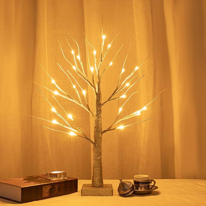 Sunnyglade 2PCS 2Ft 24 LED Birch Tree Light Fairy Tree Bonsai Tree Light Warm White for Home Wedding Festival Party Christmas Decoration (Golden)