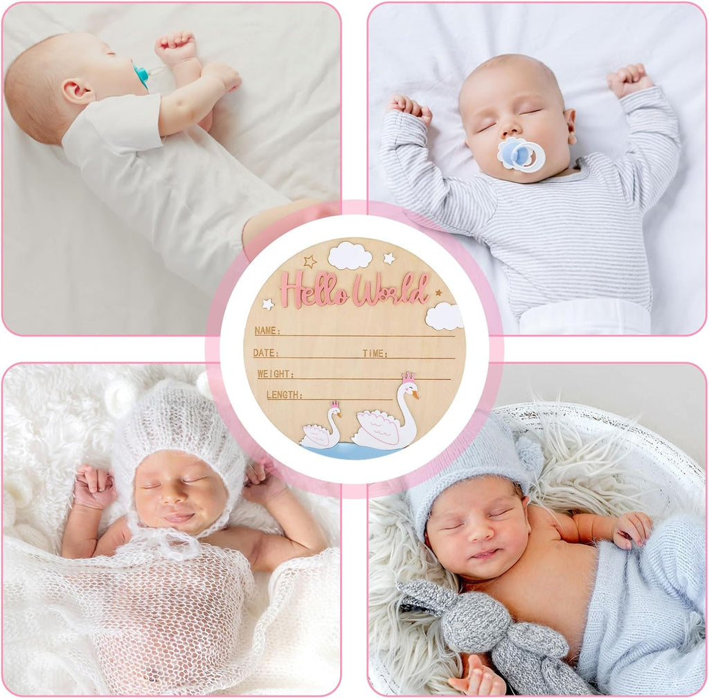 Birth Announcement Sign, 15cm/5.91in Wooden Hello World Newborn Sign Welcome Baby Board Baby Name Plaque for Home Hospital Photo Prop Nursery Decor (Swan Style)