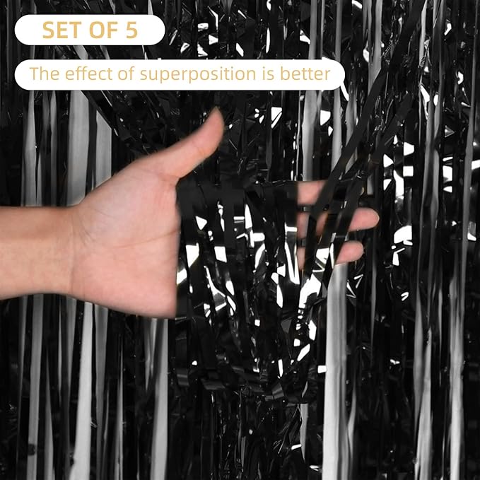 5 Pack Black Foil Curtain Backdrop 3.2ft x 9.8ft Metallic Tinsel Foil Fringe Curtains Streamer Photo Booth Backdrop for Birthday Party Engagement Bachelorette Party Decorations (Black)