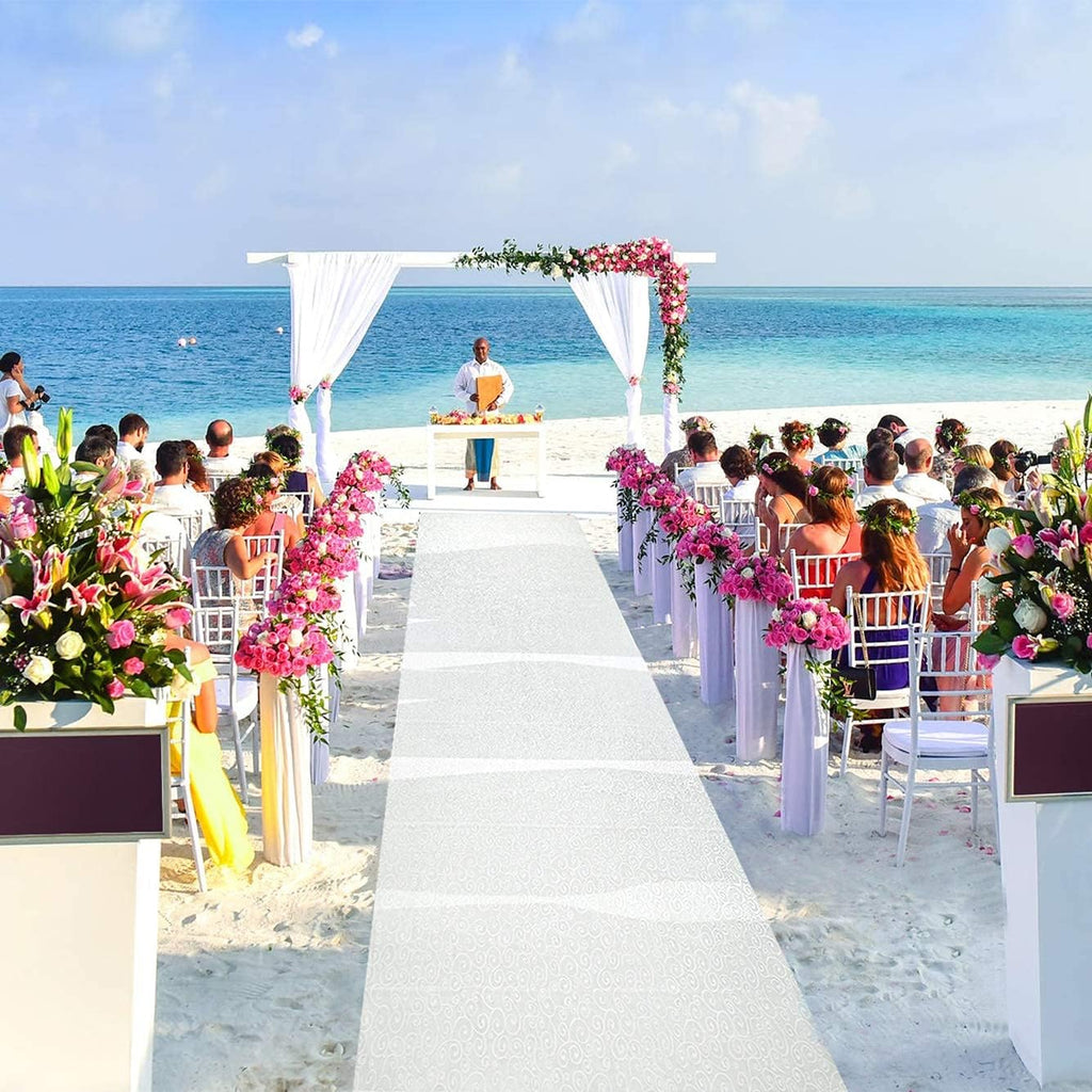 J&A Homes White Wedding Aisle Runner - Professional-Grade Nylon, Includes Tape Double-Sided Adhesive - Disposable Scroll Pattern Runner Great for Indoor or Outdoor Weddings, Prom, Parties