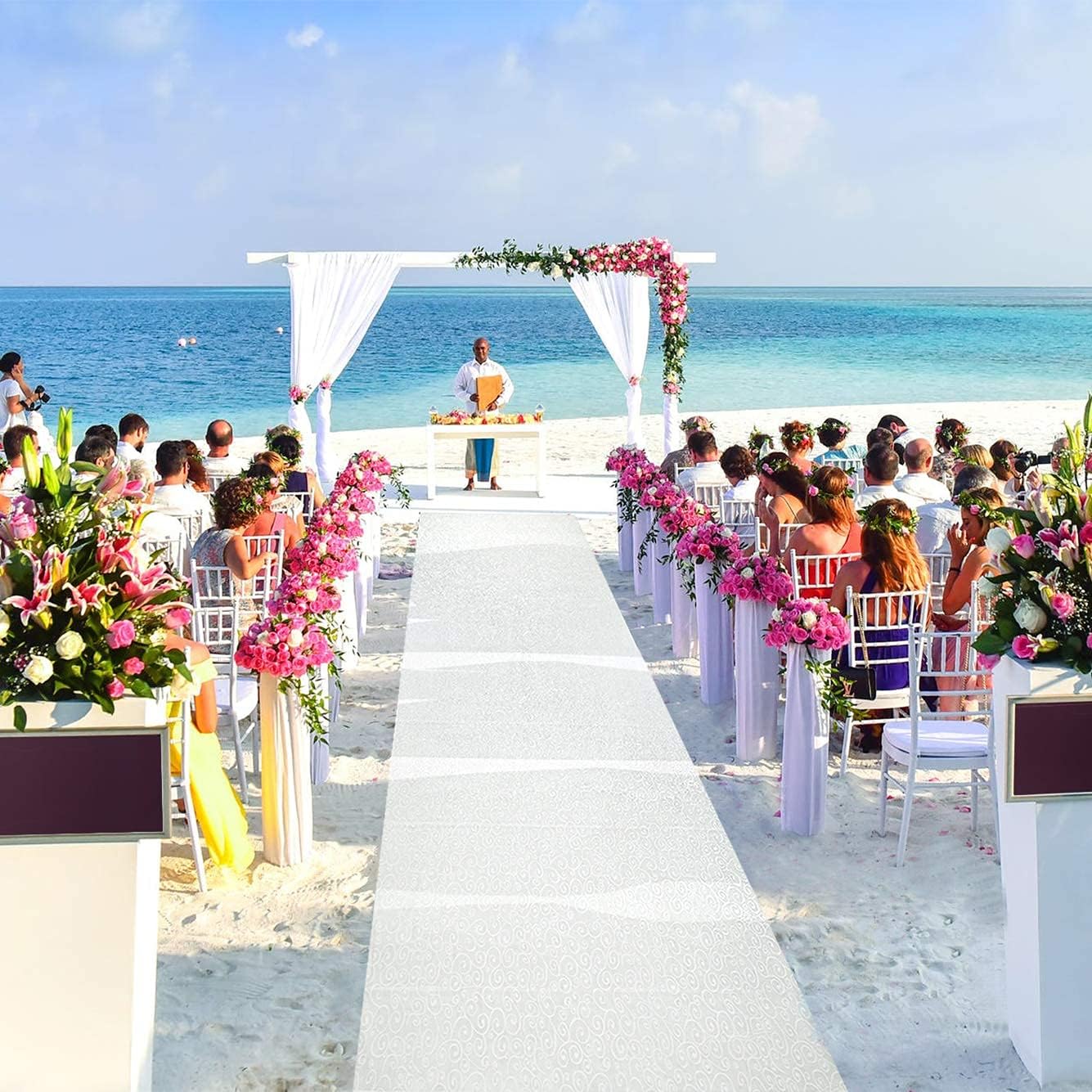 J&A Homes White Wedding Aisle Runner - Professional-Grade Nylon, Includes Tape Double-Sided Adhesive - Disposable Scroll Pattern Runner Great for Indoor or Outdoor Weddings, Prom, Parties