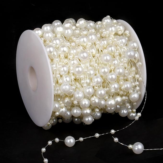 98FT Pearl Beads String Garland, 8mm 3mm Ivory Faux Pearl Beads Roll Strand Bulk for Wedding Party Flower Christmas Decoration DIY Craft