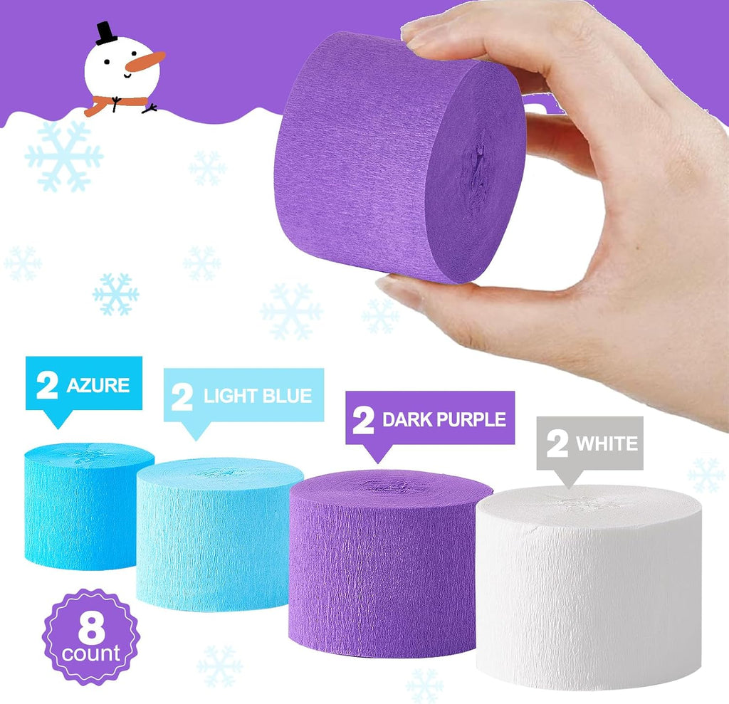 Frozen Birthday Party Decorations, 8 Rolls Purple Blue White Crepe Paper Streamers for Winter Princess Christmas Holidays Party Decoration