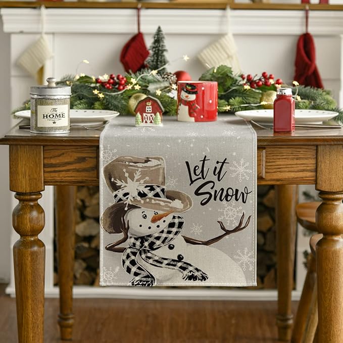 Artoid Mode Grey Snowman Snowflake Let it Snow Christmas Table Runner, Seasonal Winter Kitchen Dining Table Decor for Home Party Indoor 13x108 Inch
