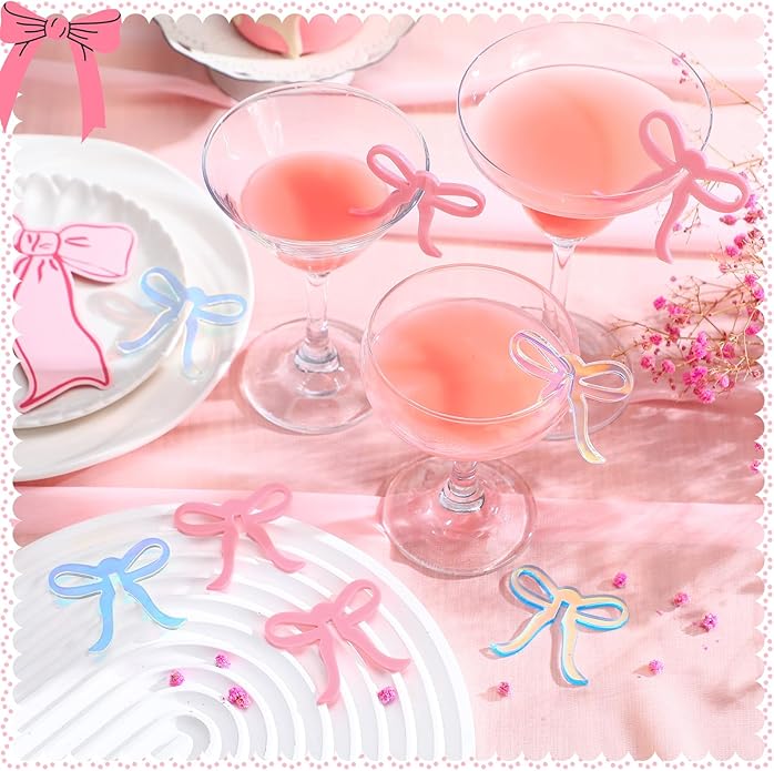 36 Pcs Bow Drink Markers Acrylic Drink Tags Bowknot Wine Glass Charms for Bachelorette Coquette Birthday Cocktail Wedding Decoration Bridal Shower Party Favors