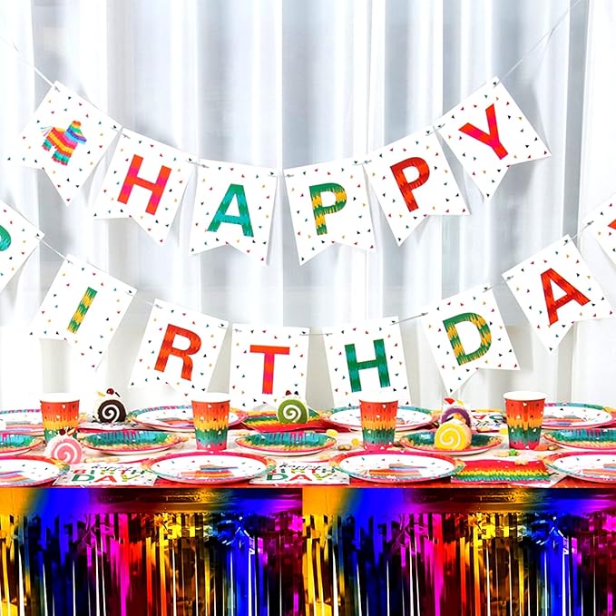 4 Pack 29x108 Inch Metallic Foil Fringe Tinsel Table Skirts for Rectangle Tables Streamer Backdrop for Wedding, Birthday, Parade Floats, Christmas, Halloween Party Decoration(Rainbow)