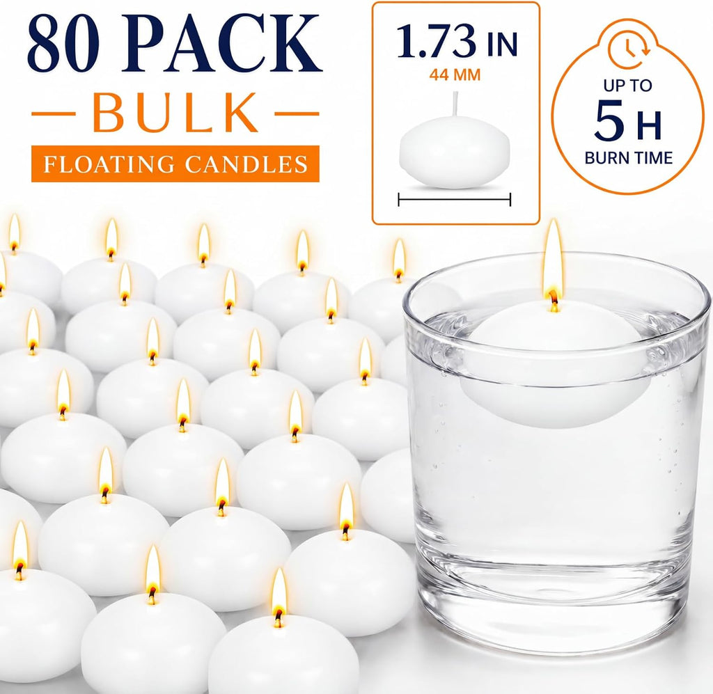 Treela 80 Pcs 1.73 Inch Unscented Floating Candles, Dripless Tealight Candles with 5 Hours Long Burning for Wedding Vases Centerpieces, Party Home Decorations(White)
