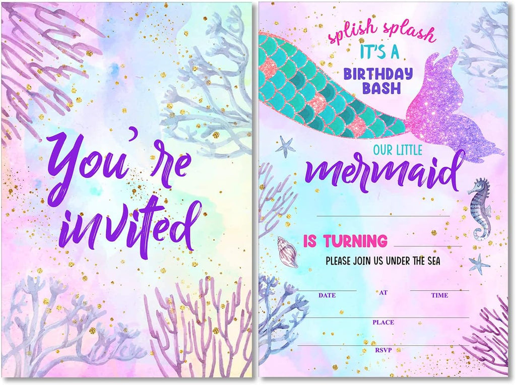 Soiceu Cute Under the Sea Mermaid Birthday Party Invitations with Envelopes Set of 20 Purple Pink Girl Birthday Party Invites