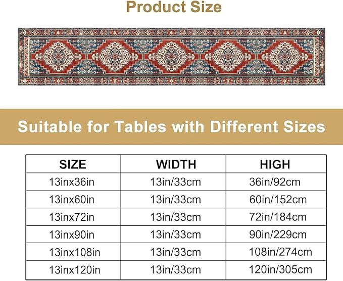 Boho Floral Vintage Table Runner, Red Blue Retro Flower Rustic Country Farmhouse Pattern for Home Kitchen Table Decor Dining Coffee Room Party Decor 13x60in