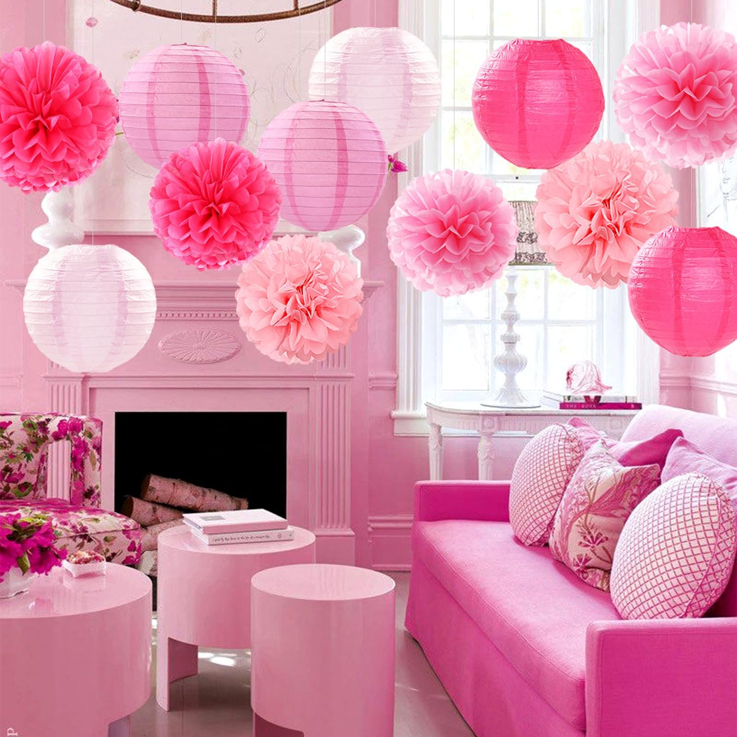 Light-Hot Pink Party-Decorations Paper-Flowers Lanterns - 15pcs Graduation Girl Birthday Decor Tissue Pom Poms Streamers, Bridal Baby Shower Wedding Bachelorette Valentine Hanging Supplies Hugfond