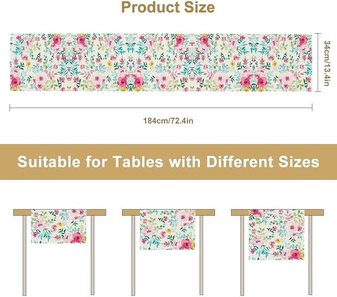 Watercolor Floral Table Runner, Colorful Botanical Spring Summer Nature Flower Aesthetic Table Runner for Kitchen Dinning Table Runner Decor Home Wedding Party Holiday, 13x120 Inch