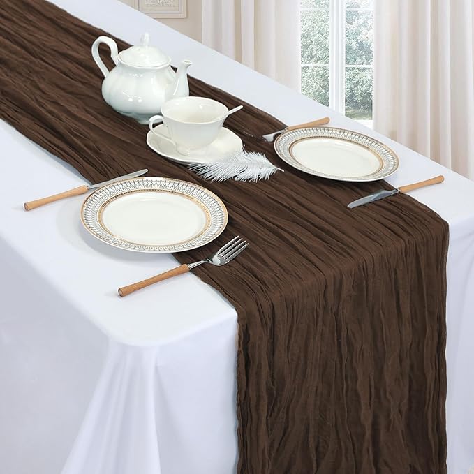 6 Pack Brown Cheesecloth Fall Table Runner 10ft Boho Gauze Fabric Cheese Cloth Table Runner 35 x 120 Inch Rustic Sheer Runner for Thanksgiving Wedding Decor Baby Shower Party Centerpiece Decoration