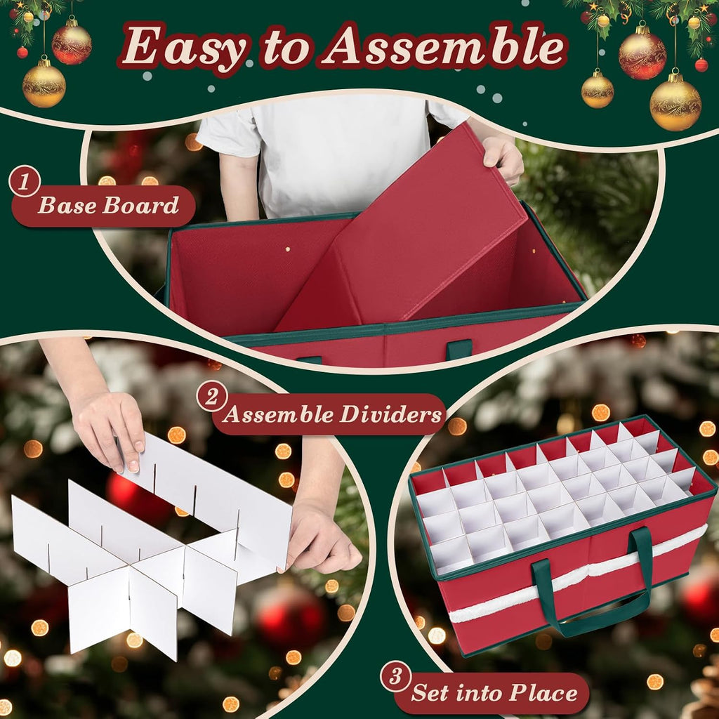 Christmas Ornament Storage Box with Adjustable Dividers Zippered Top Stores up to 128 Holiday Ornaments (3 Inch) Xmas Ball Decorations Organizer Storage Container Bin