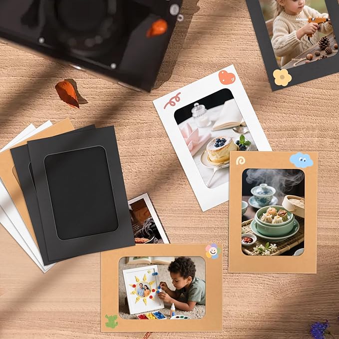 100 Pack Paper Picture Frames, 4x6 Inch Photo Strip Frame Hanging Photo Display Banner, 3 Colors Photo Holder with Wooden Clips and String for Wall Decor and Party Supplies