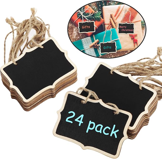 Outus 24 Pcs Mini Chalkboard Signs Bulk Hanging Wood Chalkboard Signs 3.35 x 2.36 Inch Kitchen Notes Chalk Board with Lanyard Bulk Small Message Board for Food Labels Wedding Party Decor Price Tags