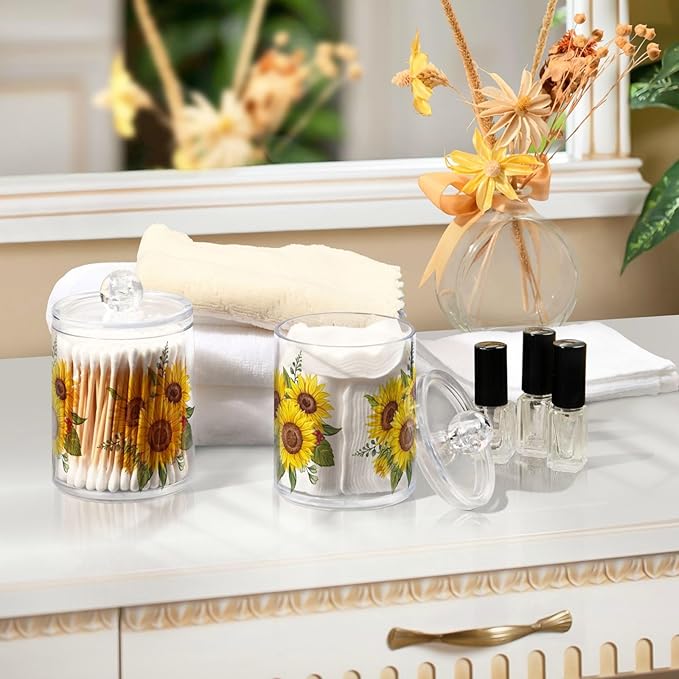 Gredecor Qtip Holder Dispenser 4 Pack Yellow Watercolor Sunflowers Apothecary Jars with Lids Bathroom Vanity Countertop Canister Storage Organizer for Cotton Ball,Swabs,Pads,Floss