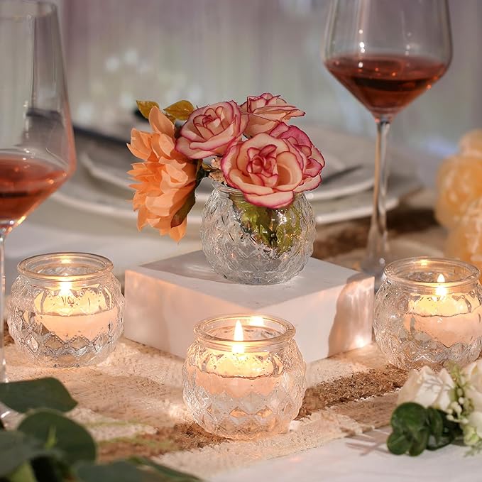 DARJEN 48Pcs Clear Votive Candle Holders - Round Candle Holder, Candle Holders Bulk for Tea Light Candle, Embossed Candle Votives for Wedding Centerpiece & Home Decor