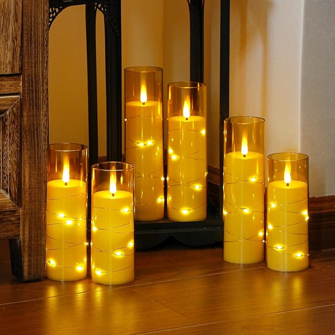 Gold Flameless Candles with Remote and String Light, 2.2"x 5",5",6",7",7",8" LED Battery Operated Plastic Flickering Timer Pillar Candles(Pack of 6,Turn On/Off String Light Mode)