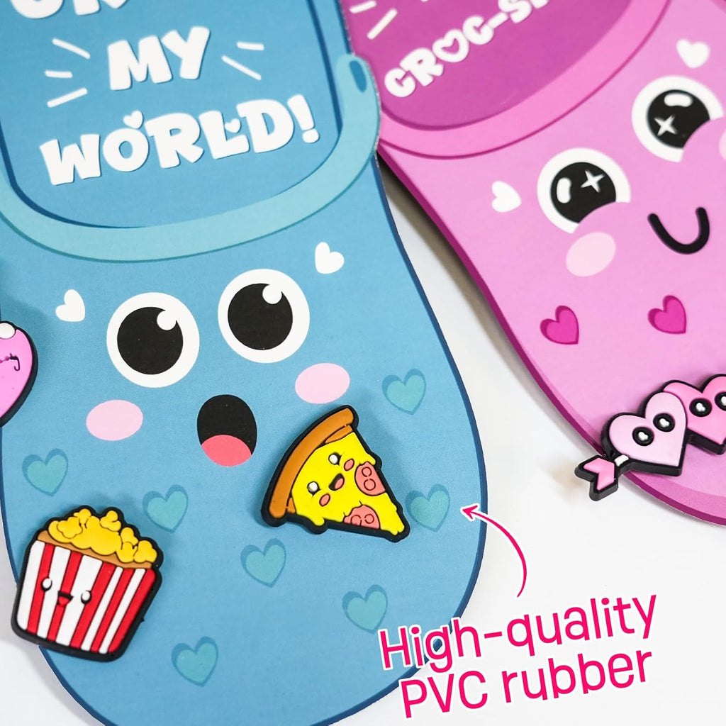 Thigreact Valentines Day Gifts for Kids - 24 Valentine Cards with 48 Shoe Charms Bulk - Valentine Exchange Card for Boys Girls Toddler Class Classroom Gift Funny Party Favors