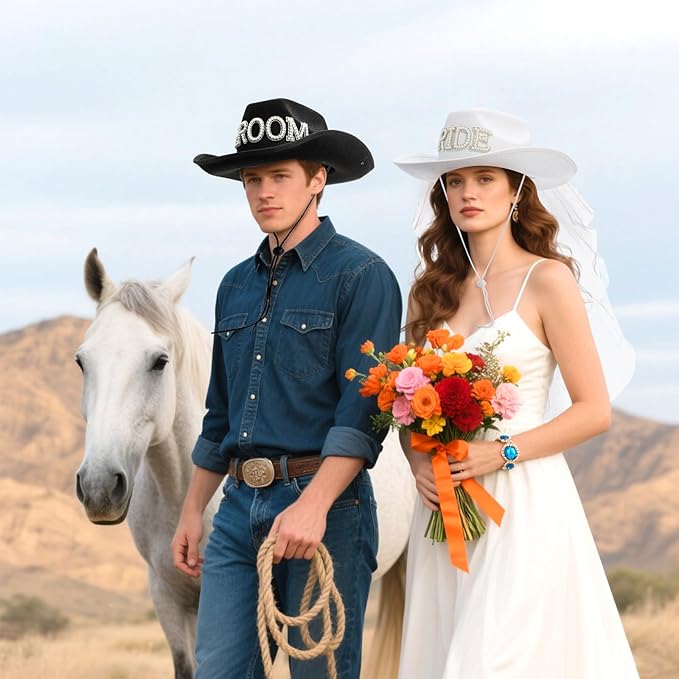Frcctre 2 Pcs Bride Cowgirl Hat with Veil, Black Groom Cowboy Hat, Rhinestone Bride and Groom Cowboy Hats Wedding Bridal Shower Bachelorette Party Decoration Western Party Dress Up Accessories