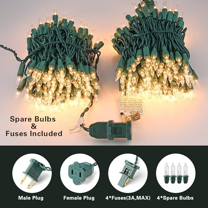 PhilzOps Clear Christmas Lights, 69.6ft 300Ct Warm White Incandescent Christmas String Lights, Connectable 120V UL Certified Indoor Xmas Tree Lights for Outdoor Wedding Party Decor, Green Wire