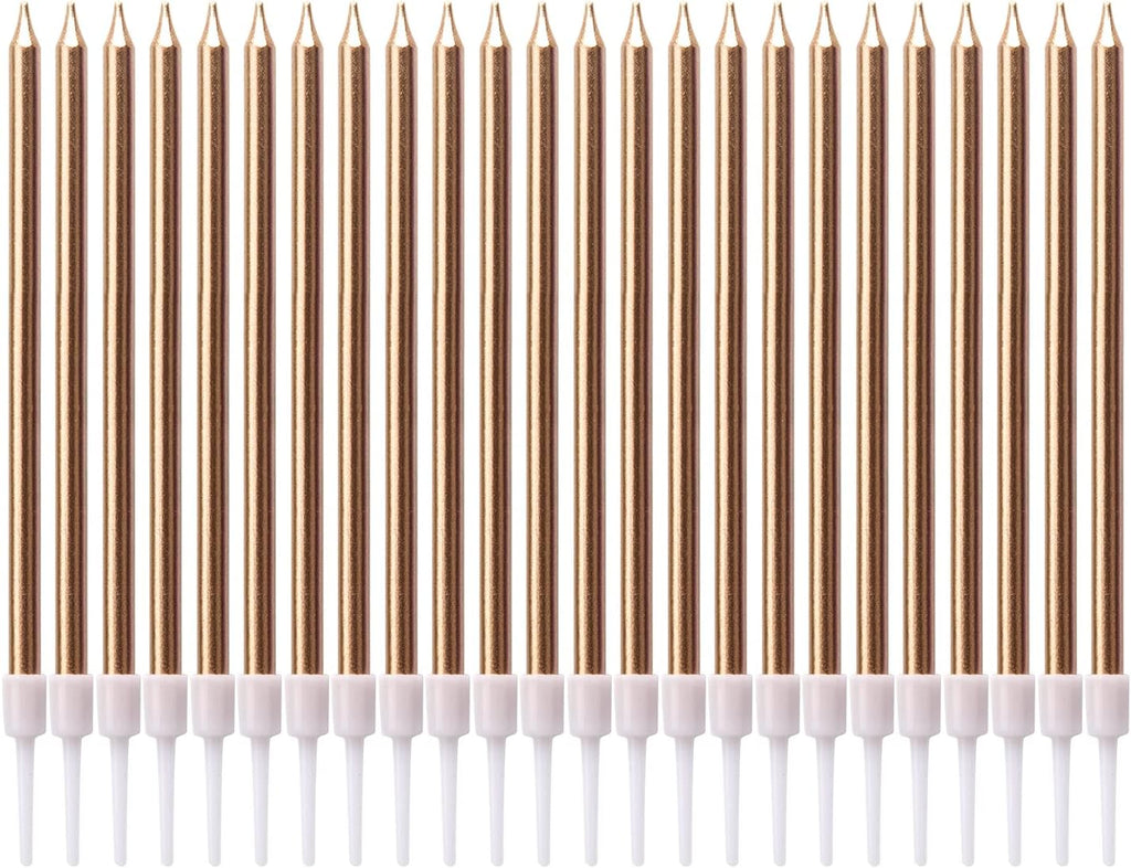 Luter 24Pcs Metallic Birthday Candles in Holders Tall Birthday Cake Candles Long Thin Cupcake Candles for Birthday Wedding Party Decoration(Champagne Gold)