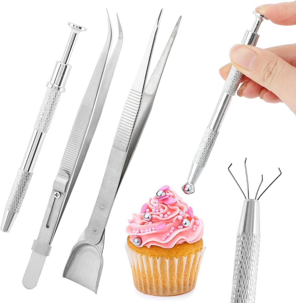 4pcs Sprinkles Tools for Cake Decorating, 4 Claw Sprinkle Pen Pearl Grabber Cakes Tweezers Pearl Sprinkle Spoon with Shovel Head Spoon for Cakes Ice Cream Baking