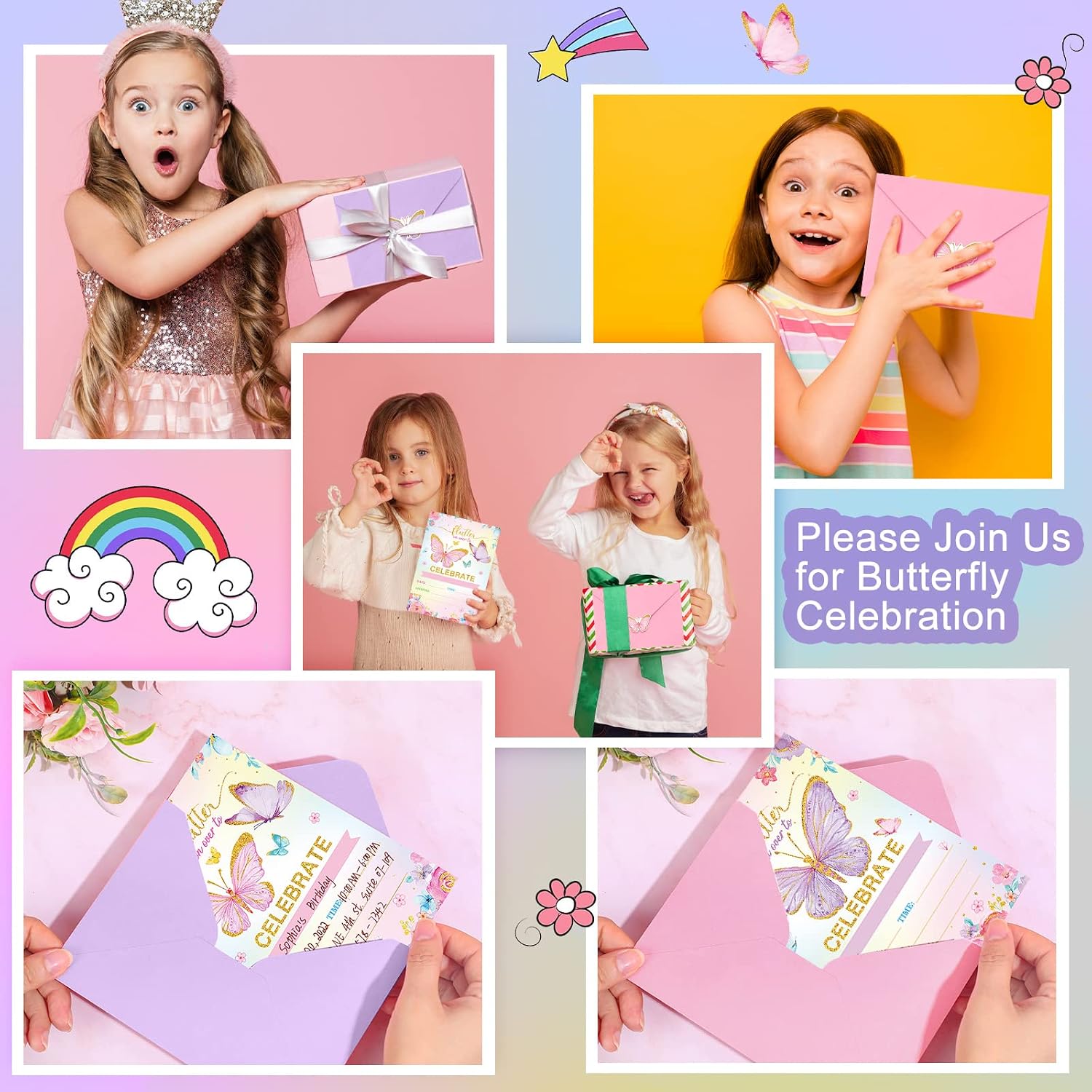 Sepamoon 24 Sets Butterfly Birthday Invitations Girl with Envelopes and Stickers, Baby Shower Invitations for Girl, Butterfly Birthday Party Invitation Cards for Children Party Supplies Favors(Purple)