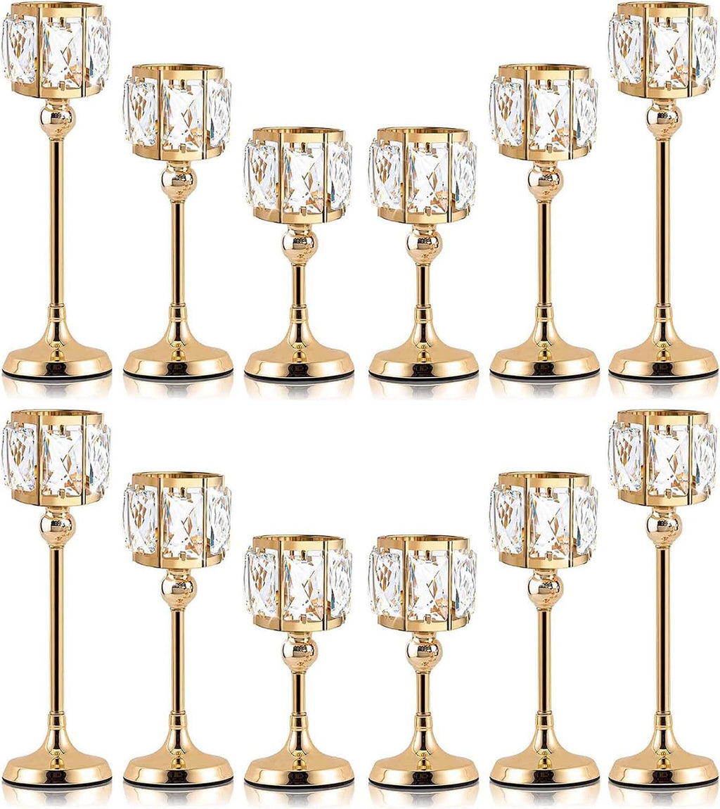 Set of 12 Gold Cup Crystal Tealight Candle Holders, Centerpieces for Table Wedding Centerpieces Crystal Decorative Tealight Candle Dining Table Candle Holder Decor for Party (3 Sizes)