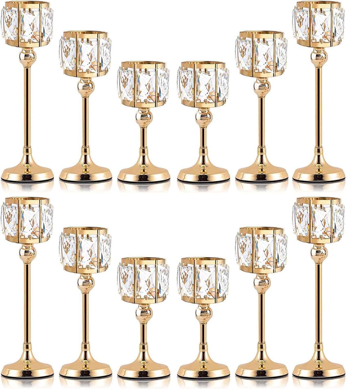 Set of 12 Gold Cup Crystal Tealight Candle Holders, Centerpieces for Table Wedding Centerpieces Crystal Decorative Tealight Candle Dining Table Candle Holder Decor for Party (3 Sizes)