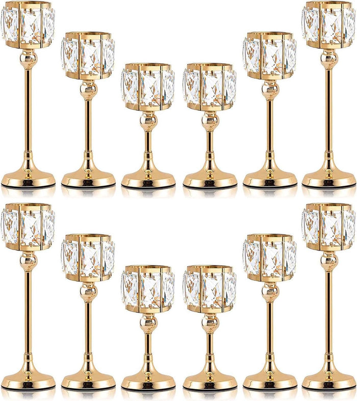 Set of 12 Gold Cup Crystal Tealight Candle Holders, Centerpieces for Table Wedding Centerpieces Crystal Decorative Tealight Candle Dining Table Candle Holder Decor for Party (3 Sizes)