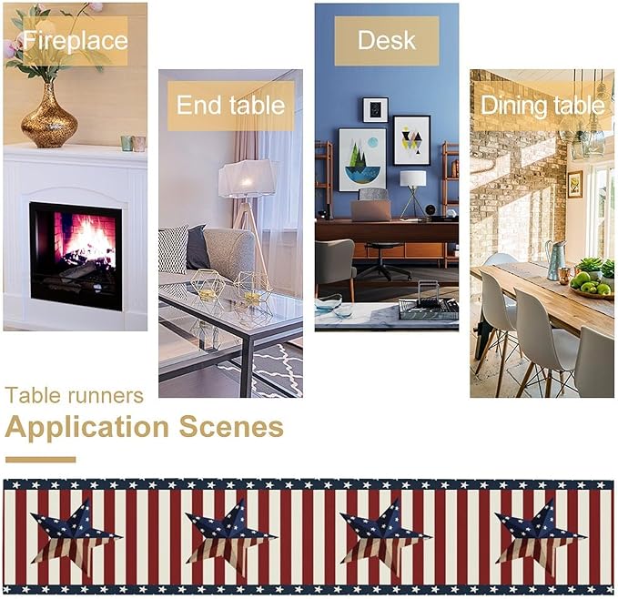 4th of July Table Runner, Patriotic Independence Day American Stars Stripes Flag Print Table Runner for Farmhouse Kitchen Dining Holiday Birthday Party, 13x90inch