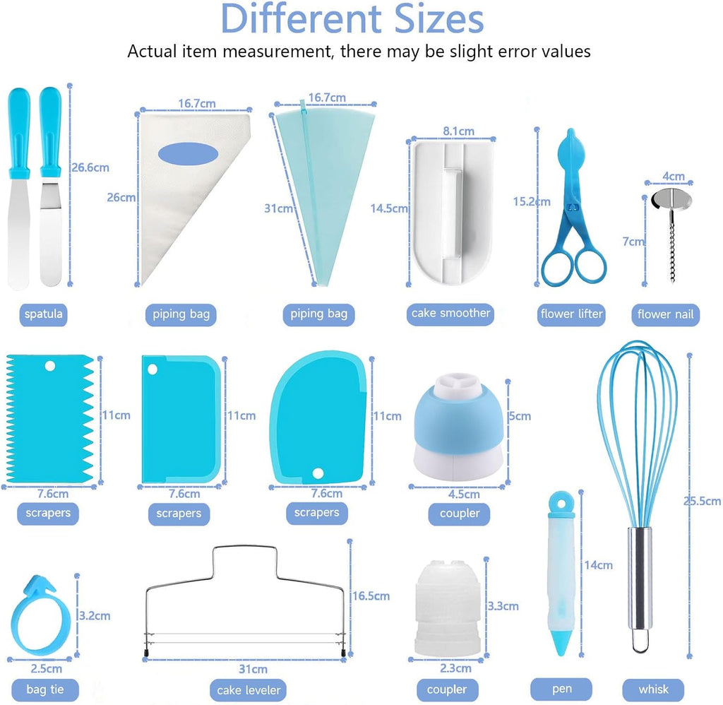 Cake Decorating Supplies Kit with Ebook, Cake Turntable for Decorating, 64 Icing Ping Tips, 32 Piping Bags,3 Icing Scrapers, 2 Spatulas, 14 Fondant Mould, Cake Leveler for Baking Beginners(Blue)