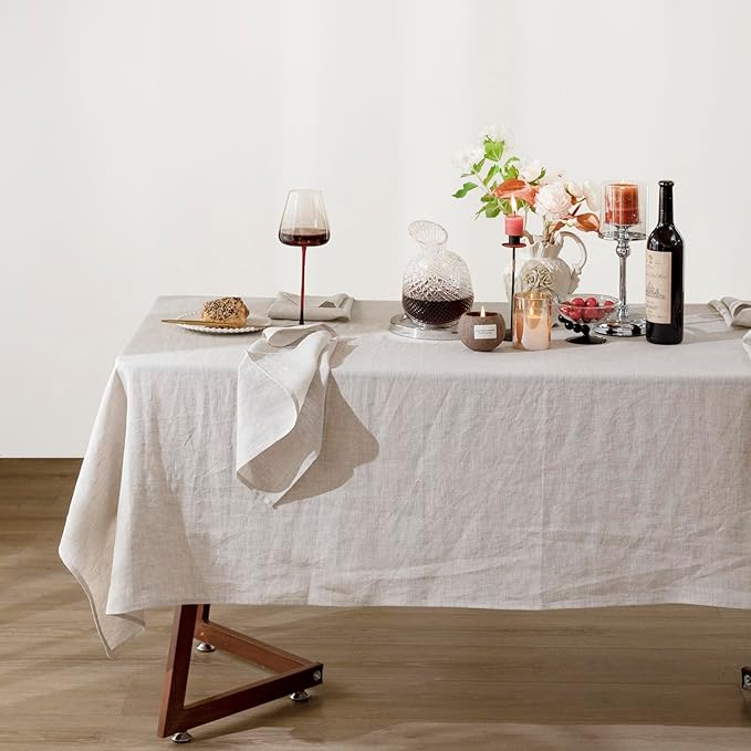 Talasily Linen Tablecloth 100% Pure Linen Table Cloth 60x132 Inches Rectangle Tablecloths Washable Cloths for Kitchen, Dining, Buffet Parties, Holidays, Picnic, Weddings and Restaurants-Natural Linen