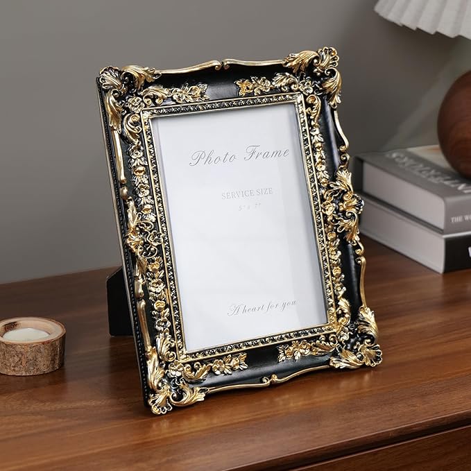 Cuspin Vintage Black and Gold Picture Frame 5x7, Ornate Baroque Resin Handcrafted Picture Frames with Glass Front, Antique Textured Design Decorative Frame for Tabletop & Wall Display