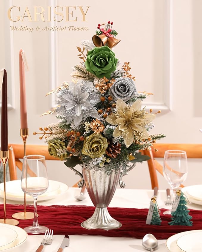 Christmas Artificial Flowers Poinsettia Flower Mix Silk Flowers Fake Roses with Stems for DIY Table Centerpieces Christmas Tree Xmas Wreath Holiday Home Party Decor