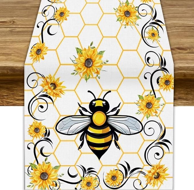 Bee Sunflower Table Runner, Farmhouse Orange Honeycomb Vintage Spring Summer Flowers Print Table Cover for Party Wedding Home Kitchen Dining Table Decor, 13x120inch