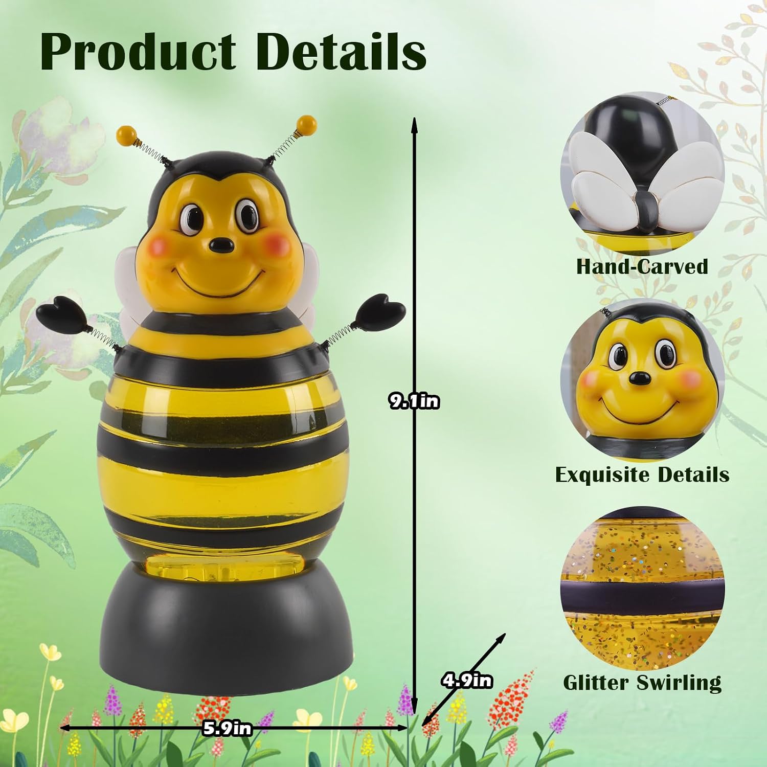 Summer Bee Snow Globe Decor with 6H Timer, Swirling Glitter Bee Snowglobe Spring and Summer Figurine Decorations, USB/Battery Operated, for World Bee Day Spring Holiday Home Decor and Gift