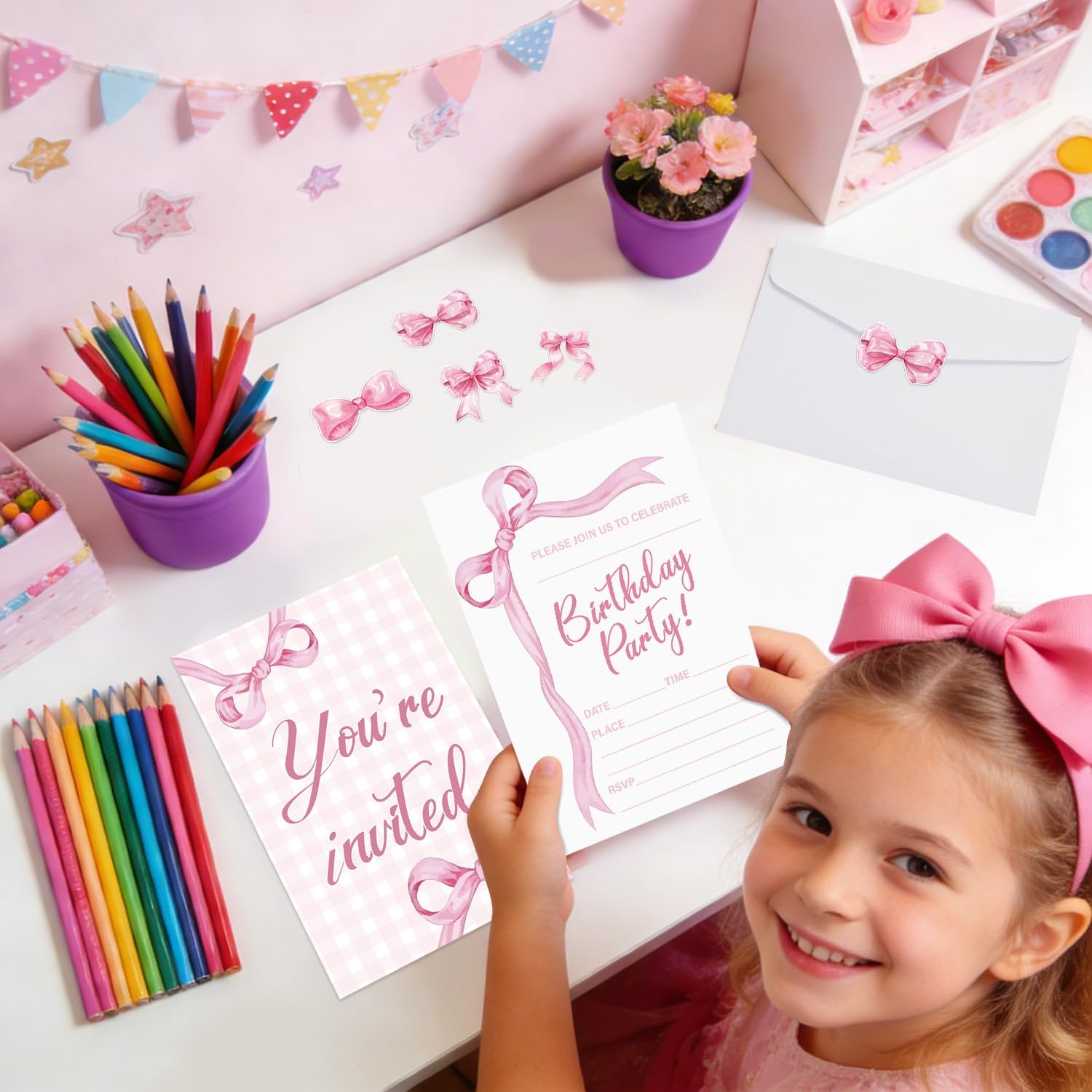 Pink Bow Birthday Invitations for Girls Boys, 20 Sets Bow Knot Invitation Cards with Stickers and Envelopes for Birthday Baby Showers Weddings and Celebrations, 4.7 x 6.7 Inch