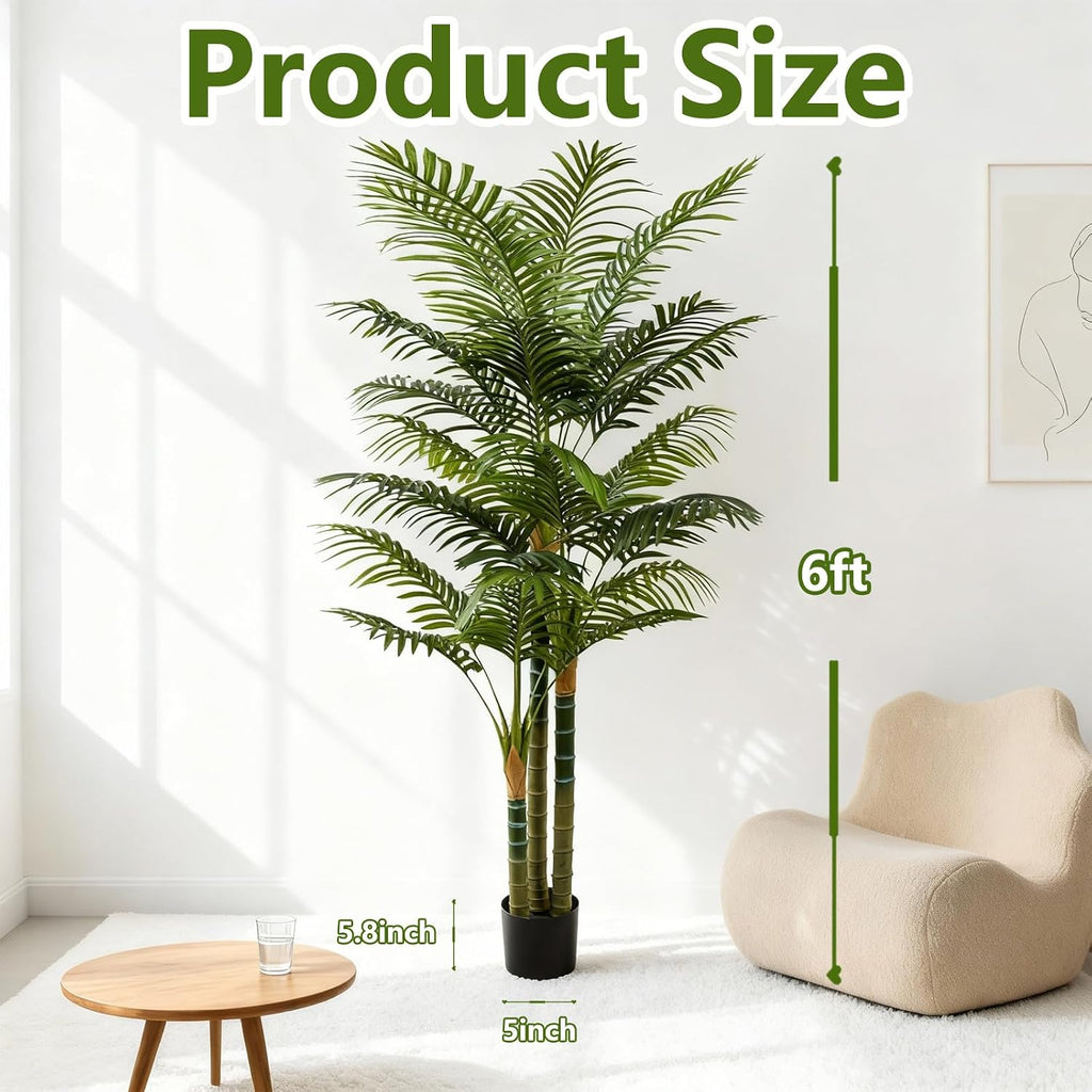 6ft tall golden cane artificial palm tree, large, side view
