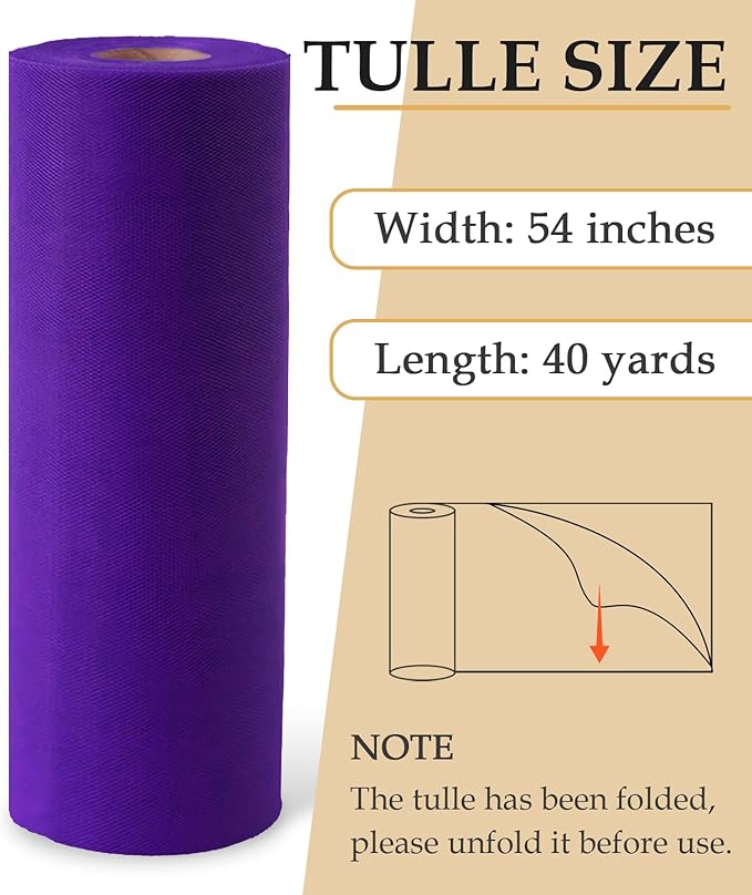 Purple Tulle Fabric Roll, 54" x 40 Yards (120FT) Tulle for Wedding Decoration DIY Halloween Tutu Party Backdrop Baby Shower Table Skirts Gift Wrapping