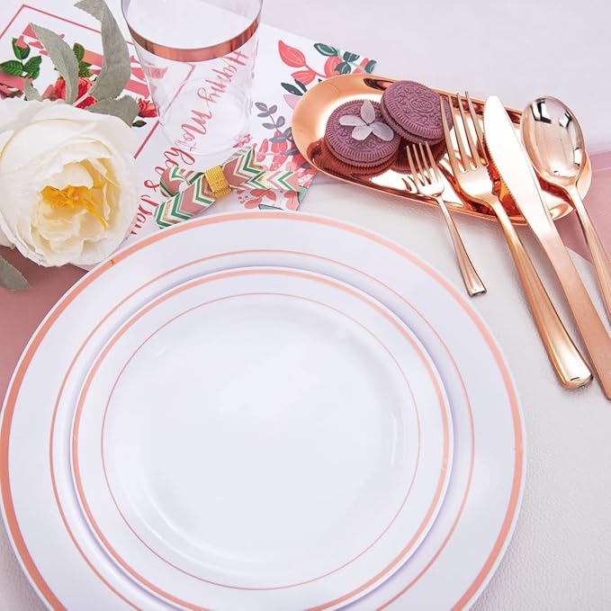 WDF160 Piece Rose Gold Disposable Cutlery Set - Heavyweight Plastic Silverware - Includes 80 Forks, 40 Spoons, 40 Knives - Rose Gold Silverware Perfect for Wedding/Party