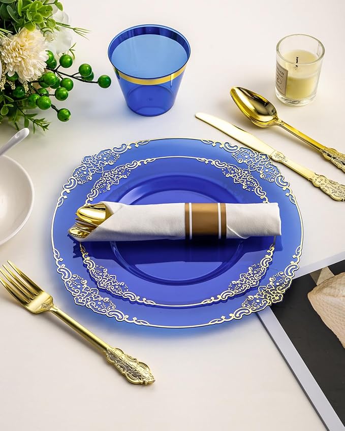 Goodluck 350 Piece Clear Blue Plastic Dinnerware Set for 50 Guests, Fancy Disposable Plates, Include: 100 Blue Rim Plastic Plates, 150 Silverwares, 50 Pre Rolled Napkins, 50 Cups for Party, Wedding