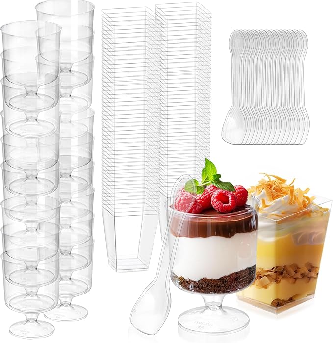 300 Packs Dessert Cups with Spoons, 5 OZ Mini Clear Plastic Disposable Parfait Cups, Small Serving Bowl for fruit ice cream pudding, Square Dessert Shot Glasses Round Goblets for Fall party