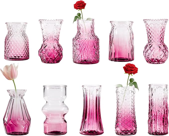 10 Pcs Pink Flower Bud Vases, Loose Transparent Flower Bud Vases, Small Vases, Decorative Vases, Family Wedding Table Decorations