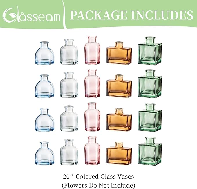 Glasseam Mini Bud Vases for Centerpieces: Colored Small Flower Vase Set of 20 Cute Tiny Glass Vases for Flowers Modern Decorative Wedding Table Centerpiece for Dining Room Decoration